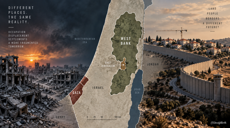 Editorial illustration contrasting Gaza’s destruction with West Bank settlements and barriers, centred on a stylized map showing Gaza, Israel, the West Bank and East Jerusalem.