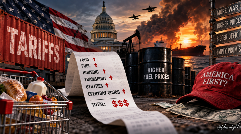 Editorial illustration showing U.S. tariffs, rising food and fuel costs, oil barrels, military aircraft, the Capitol and a long receipt representing the growing cost of Trump administration policies.