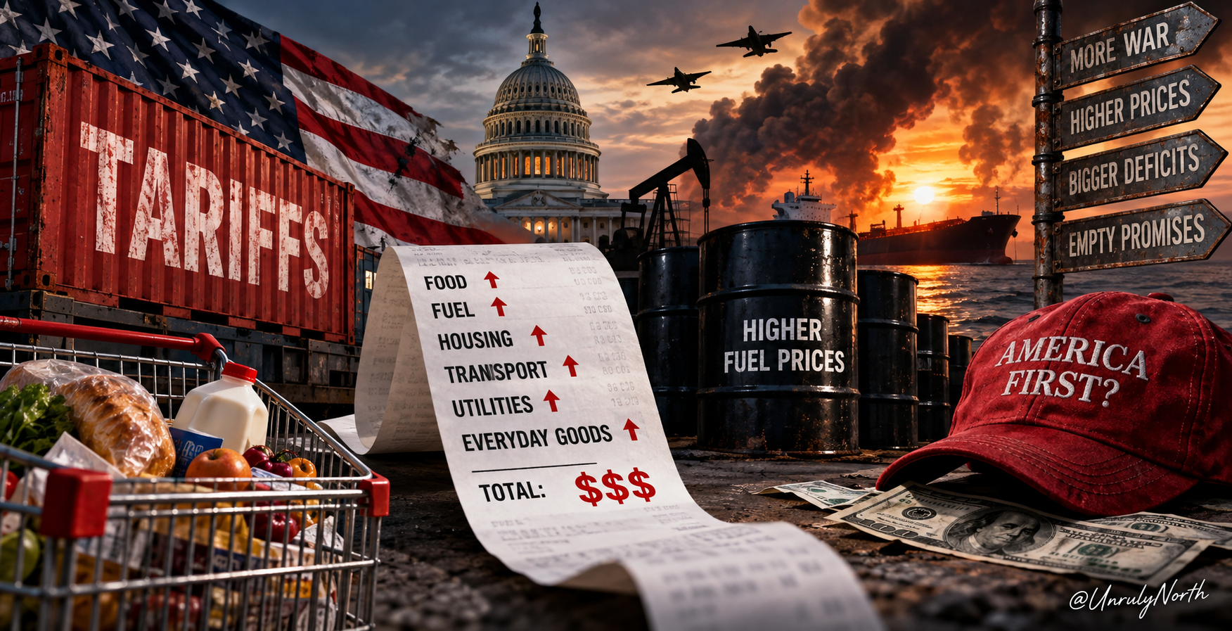 Editorial illustration showing U.S. tariffs, rising food and fuel costs, oil barrels, military aircraft, the Capitol and a long receipt representing the growing cost of Trump administration policies.