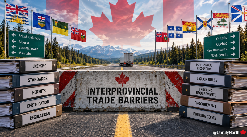 Canadian highway blocked by paperwork and regulatory barriers representing licensing, standards, permits, trucking rules, procurement, and other obstacles to interprovincial trade.