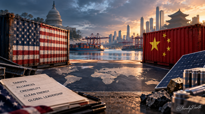 Editorial illustration contrasting the United States and China through trade, clean-energy technology, global alliances, and industrial competition.