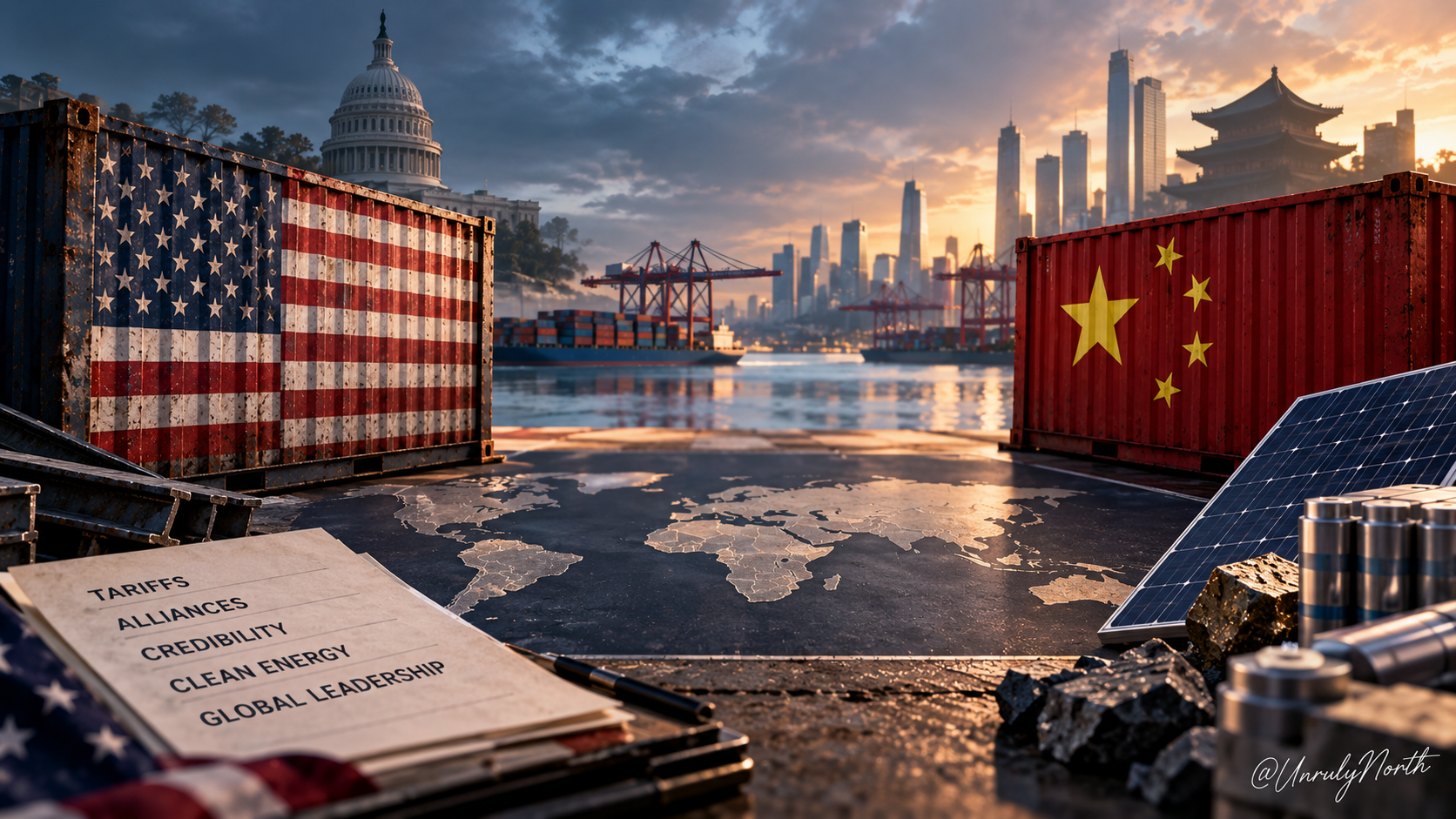 Editorial illustration contrasting the United States and China through trade, clean-energy technology, global alliances, and industrial competition.