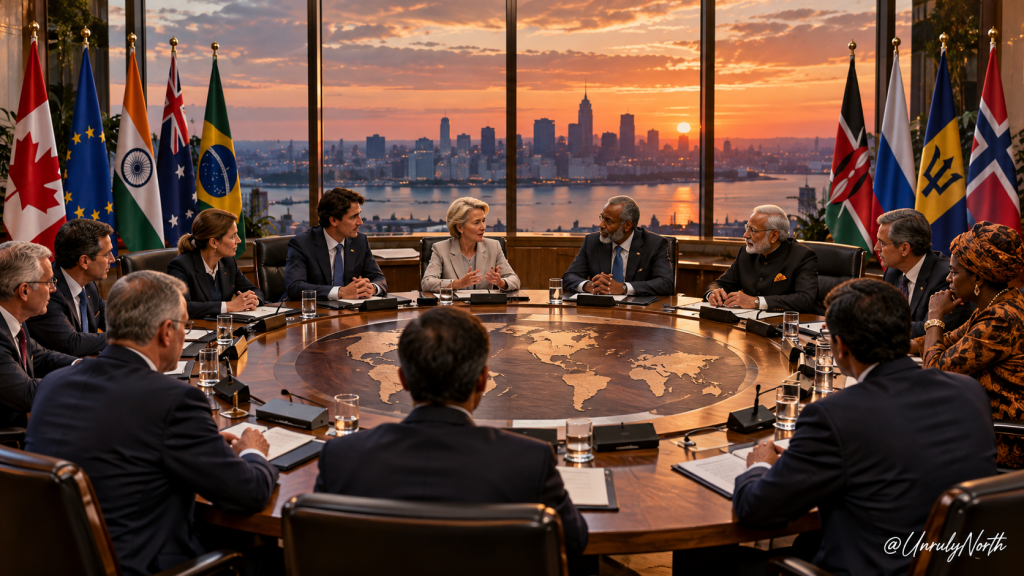International delegates seated as equals around a round table, surrounded by national flags, discussing shared diplomatic and security concerns.