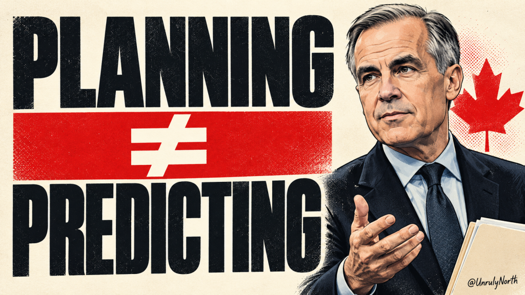Illustrated Mark Carney beside a Canadian maple leaf and the words “Planning ≠ Predicting.”