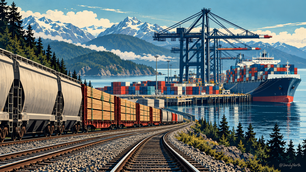 Illustrated freight train carrying Canadian goods toward a container ship at Prince Rupert, showing the rail-to-sea export route supported by CANXPORT.