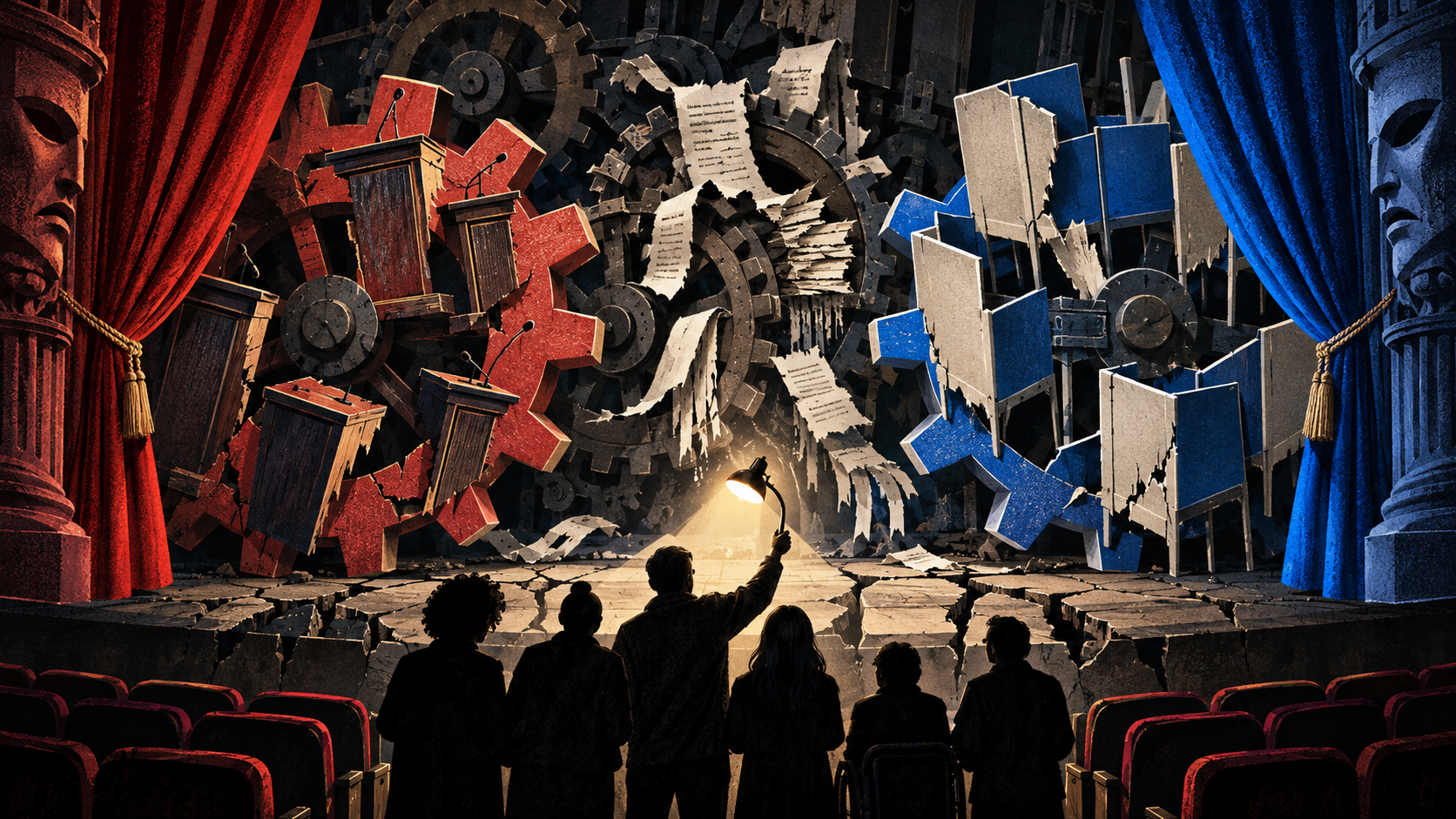 Illustrated citizens shine a light on gears and torn papers behind red and blue political stages.