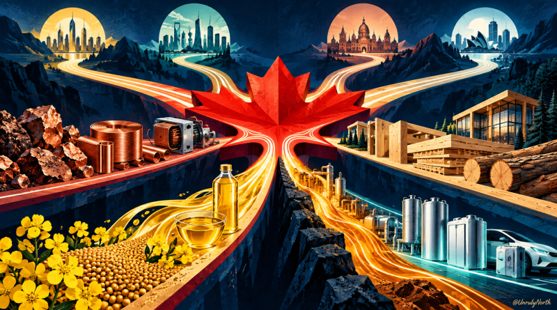 A red maple leaf branches into several illuminated trade routes, surrounded by Canadian canola, copper, timber, energy, and finished manufactured products.