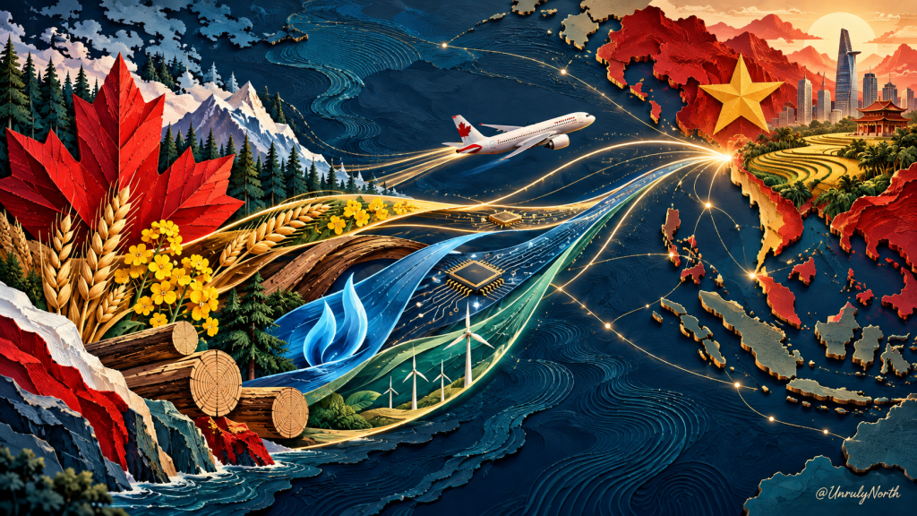 Illustrated trade routes connect Canada and Vietnam through aviation, agriculture, energy, forestry, technology and renewable power.