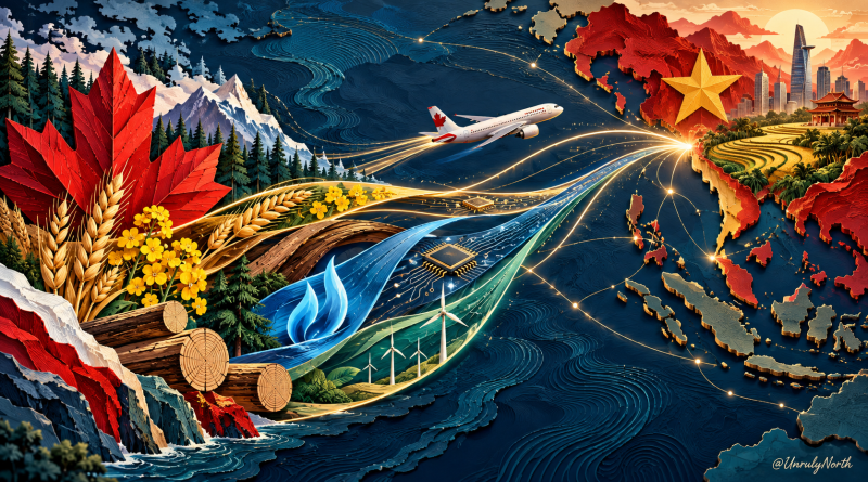 Illustrated trade routes connect Canada and Vietnam through aviation, agriculture, energy, forestry, technology and renewable power.