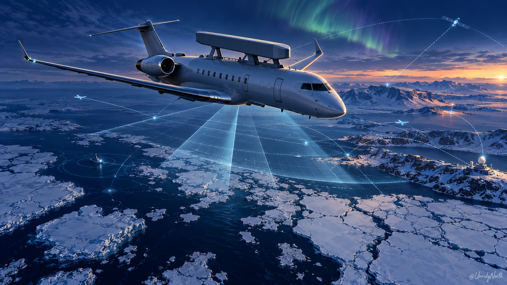 Illustration of a GlobalEye surveillance aircraft above Arctic sea ice, with blue radar beams sweeping toward ships, aircraft, and a coastal station.