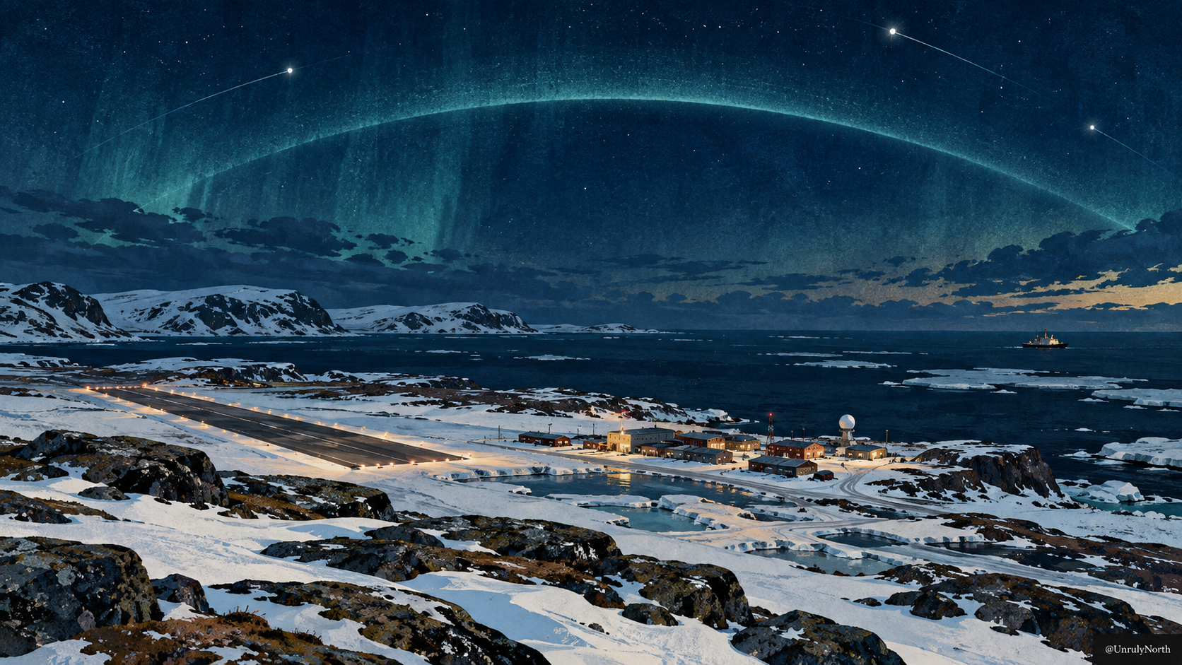 Illustrated Arctic airfield and coastal community beneath a broad arc of light, with sea ice and a distant ship under a dark blue sky.