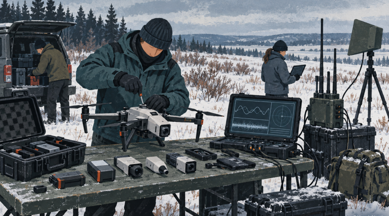 A field team adjusts a compact interceptor drone beside antennas and rugged electronic-warfare equipment at a cold-weather military test range.