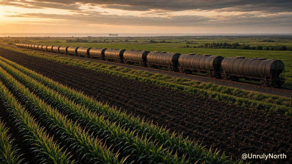 Hopper train carrying potash running through Midwest corn and soil, with a distant cargo ship on the horizon.