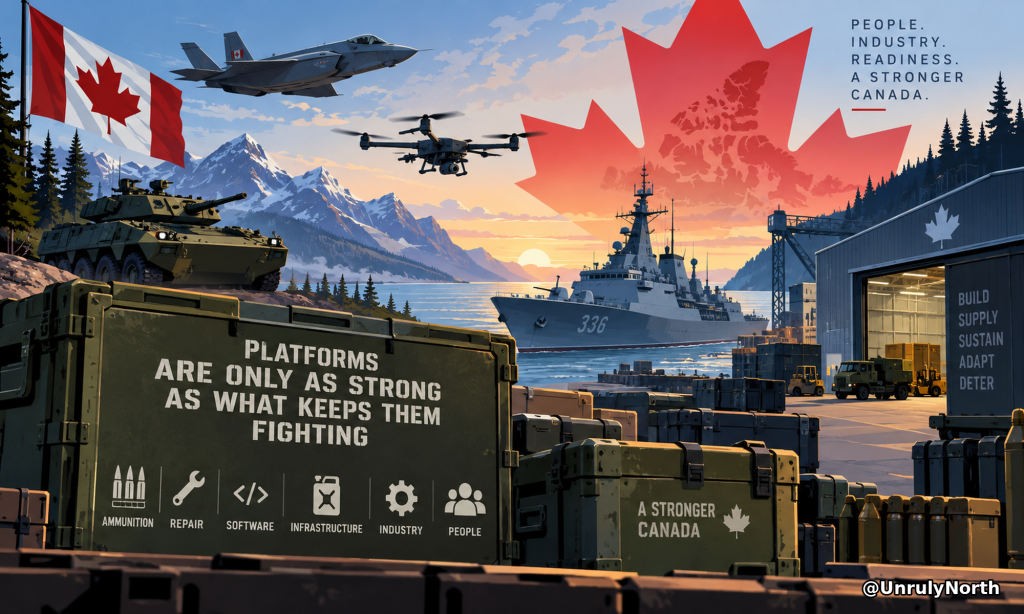 Editorial illustration of Canadian military aircraft, a naval ship, armored vehicles, drones, ammunition, repair infrastructure, and industrial support, emphasizing the network required to keep military platforms operational.