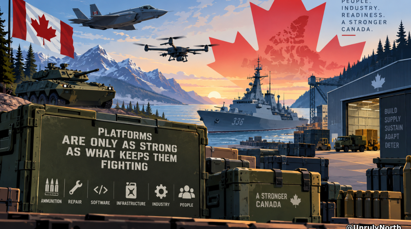 Editorial illustration of Canadian military aircraft, a naval ship, armored vehicles, drones, ammunition, repair infrastructure, and industrial support, emphasizing the network required to keep military platforms operational.