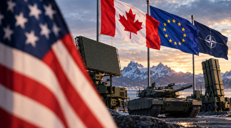 Canadian, European Union, and NATO flags flying above military radar, armored vehicles, and missile-defense equipment, with a blurred U.S. flag in the foreground.