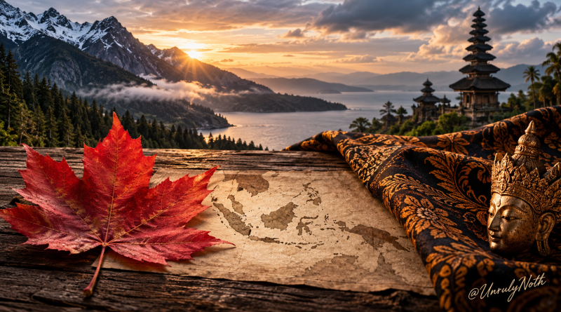 Editorial illustration symbolizing Canada–Indonesia trade, with a red maple leaf, Indonesian batik, a Southeast Asian map, and Pacific landscapes linking the two countries.