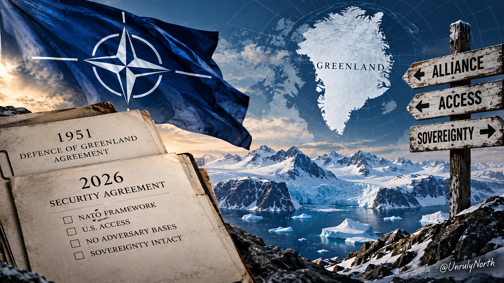 Greenland map, NATO flag and 1951 defence agreement documents illustrating longstanding U.S. military access without American sovereignty.