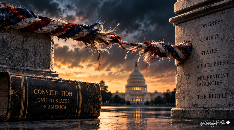 Frayed red, white, and blue rope stretched beside a worn U.S. Constitution, with the Capitol in the background and stone markers representing Congress, courts, states, the free press, independent agencies, and the people.