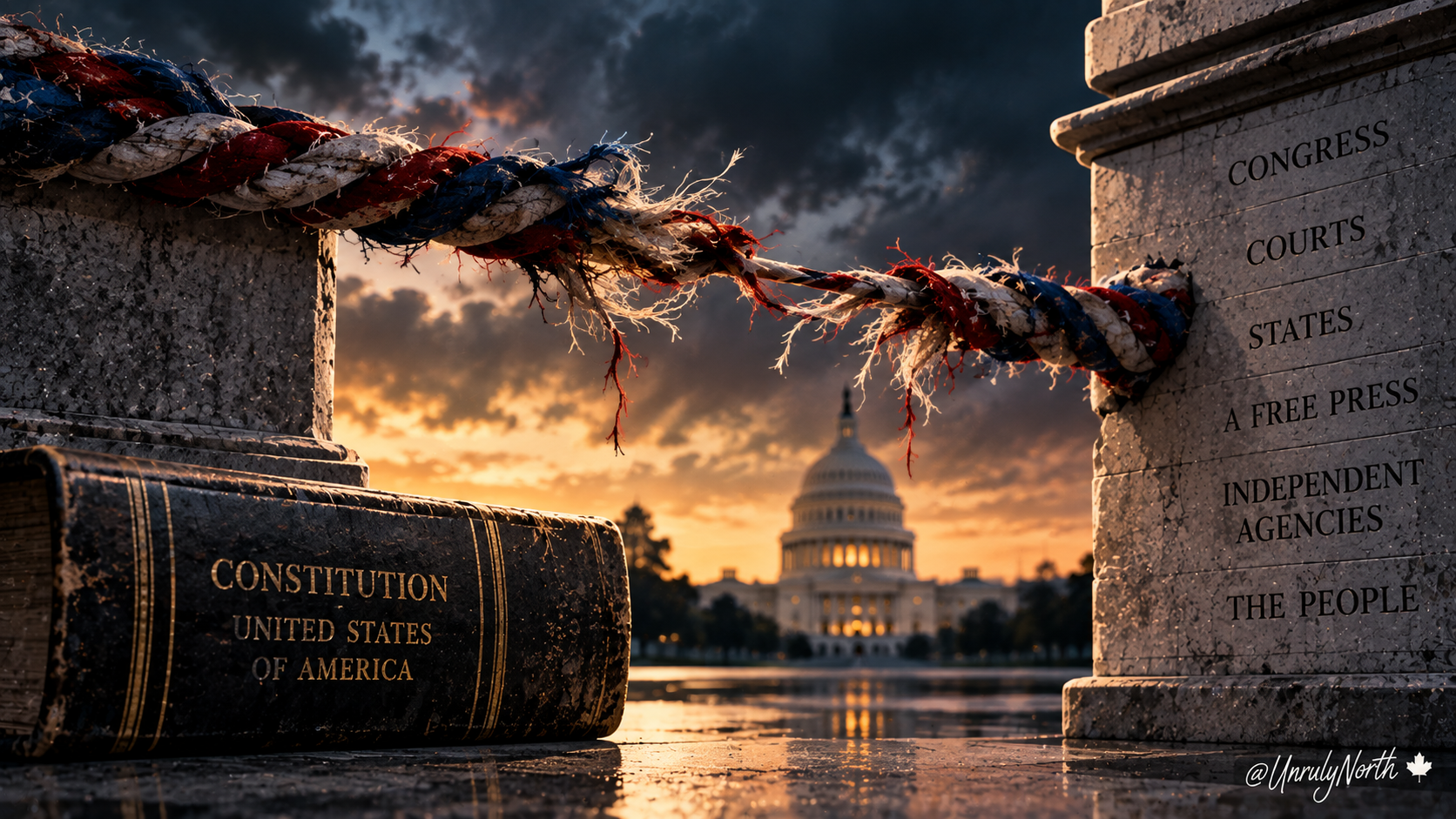 Frayed red, white, and blue rope stretched beside a worn U.S. Constitution, with the Capitol in the background and stone markers representing Congress, courts, states, the free press, independent agencies, and the people.
