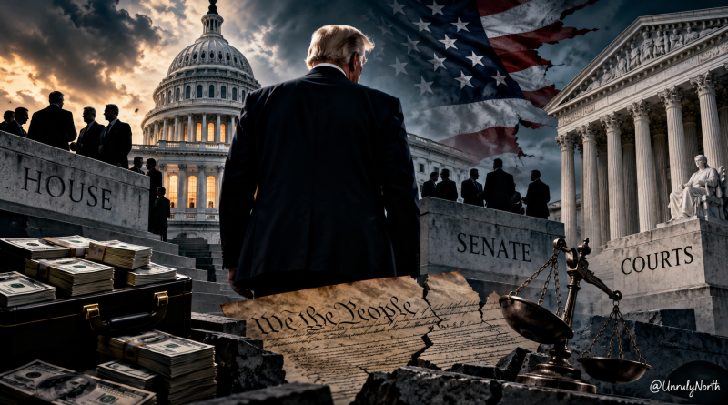 Editorial illustration of Donald Trump facing the U.S. Capitol and Supreme Court, with references to the House, Senate, money, justice scales and the Constitution.