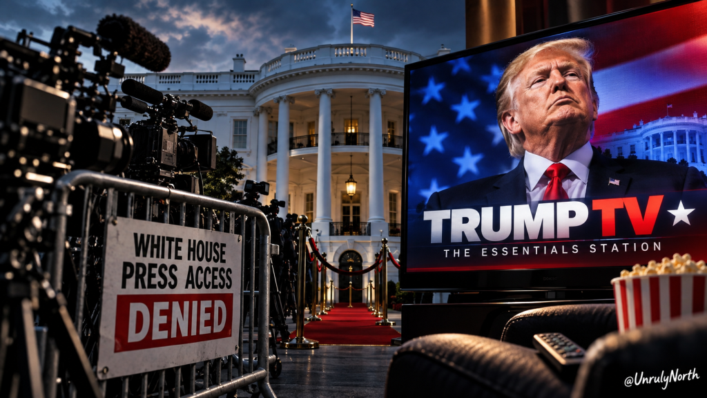 Editorial illustration showing television cameras blocked from White House press access while a large screen displays Trump TV, highlighting the contrast between restricted independent media access and a government-controlled presidential broadcast.