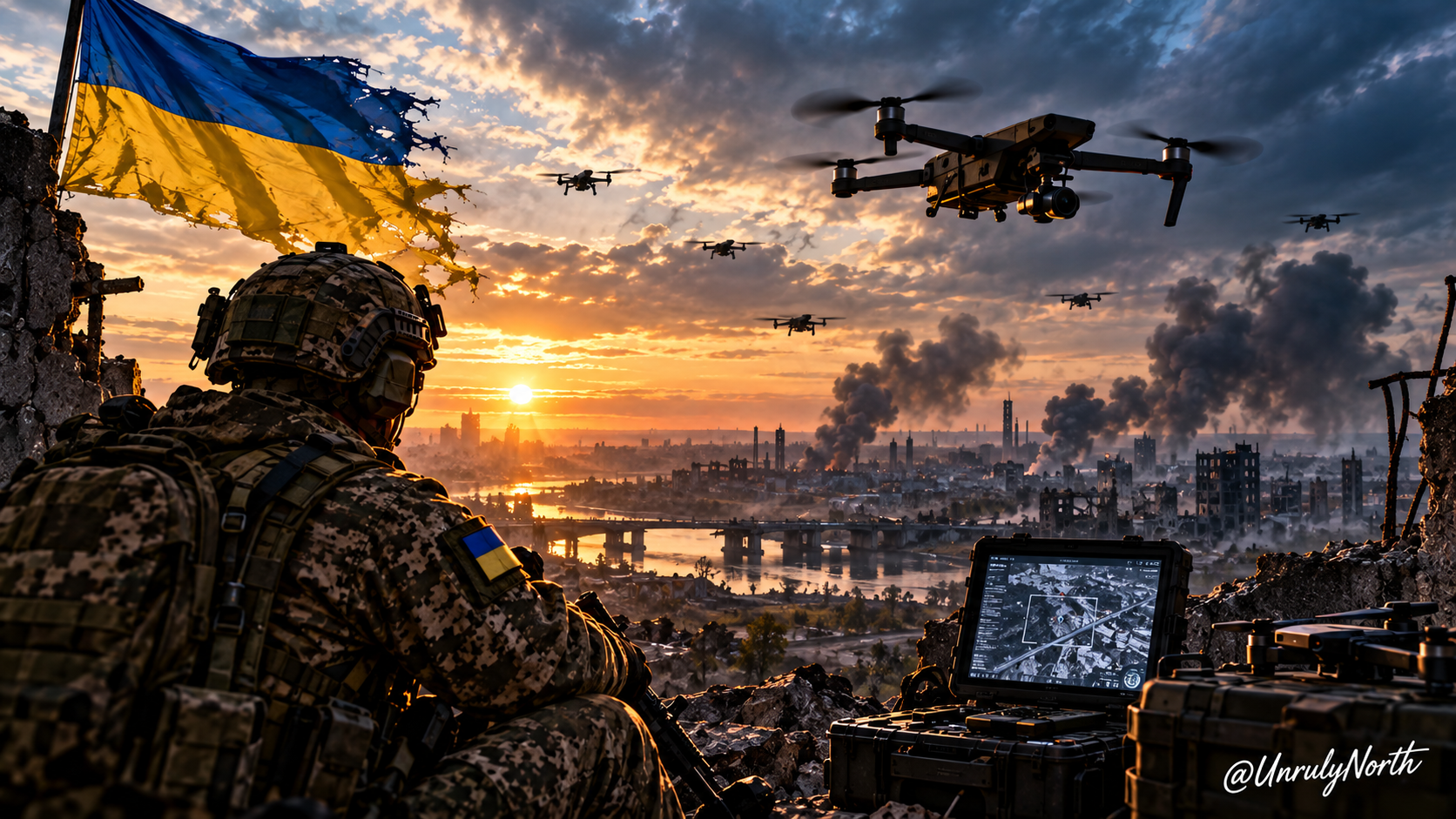 Ukrainian soldier overlooking a devastated battlefield as multiple drones fly overhead, illustrating the rise of inexpensive unmanned warfare.